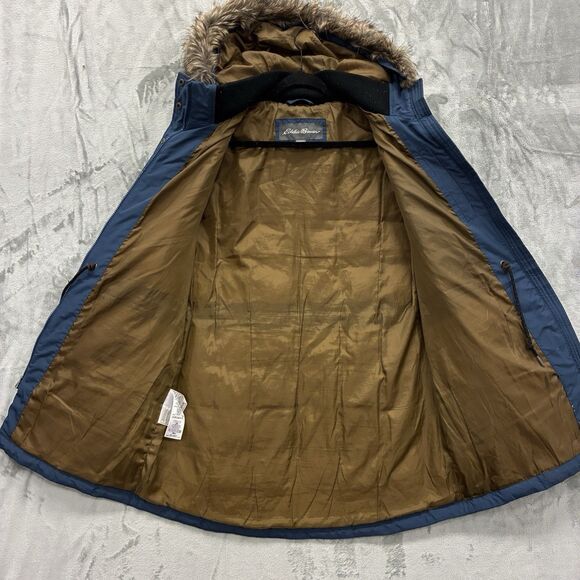 Eddie Bauer EB550 Down Puffer Parka Women's L Faux Fur Hooded Coat Blue Pockets - Picture 6 of 7